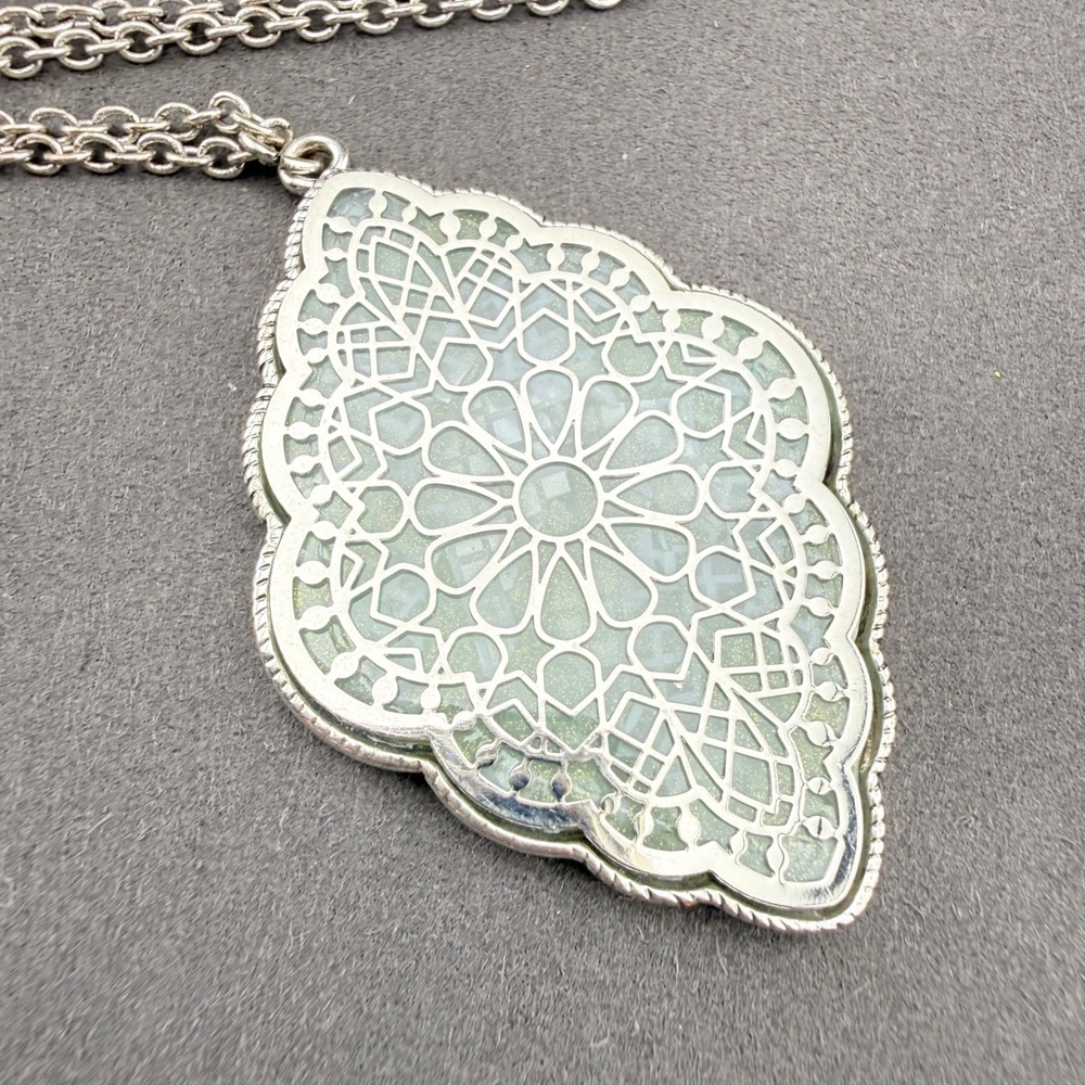 Silver Tone Necklace Mint Green Filigree Glitter Pendant Boho